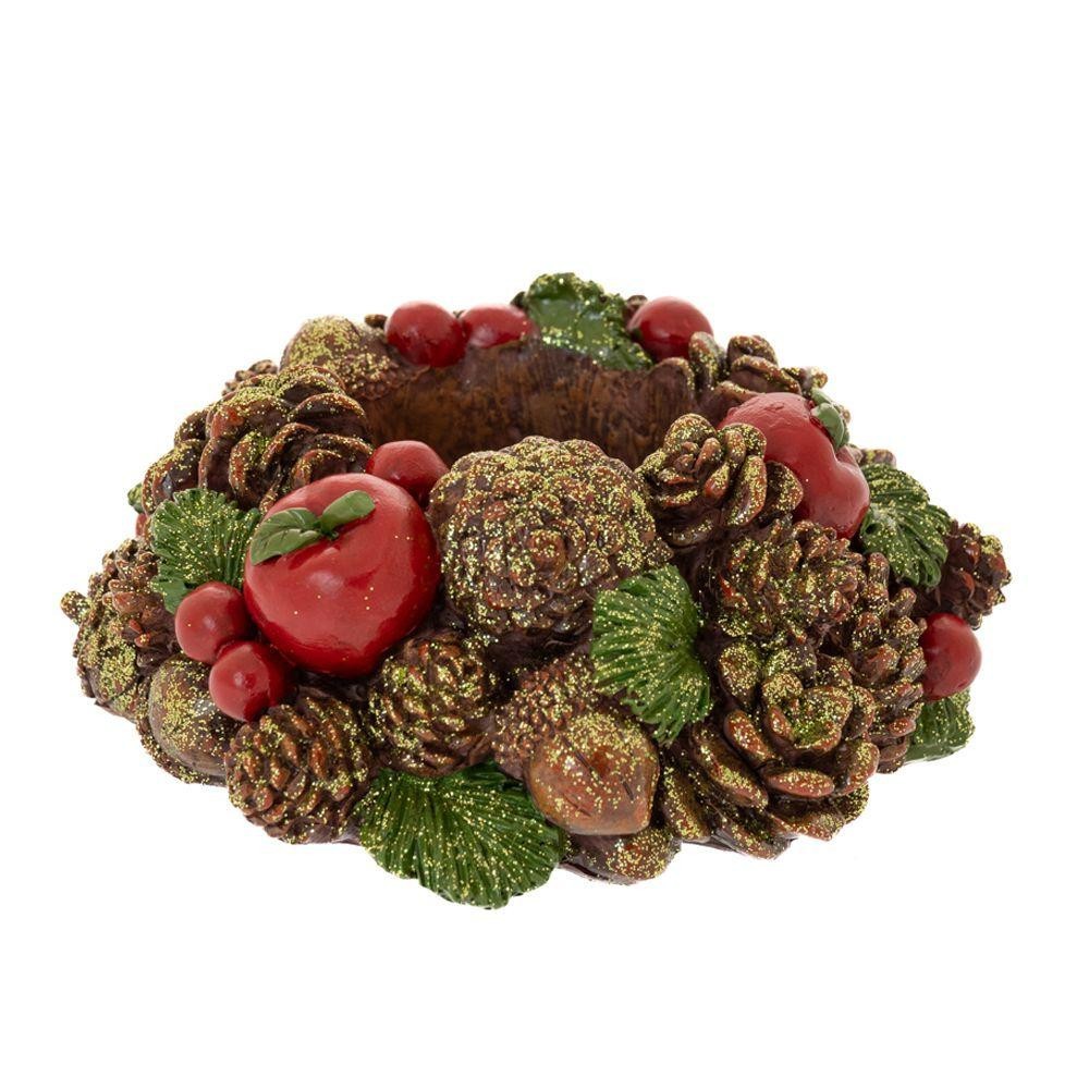 PORTACANDELE IN POLIRESINA CON PINOLI E MELE 15X14X6CM